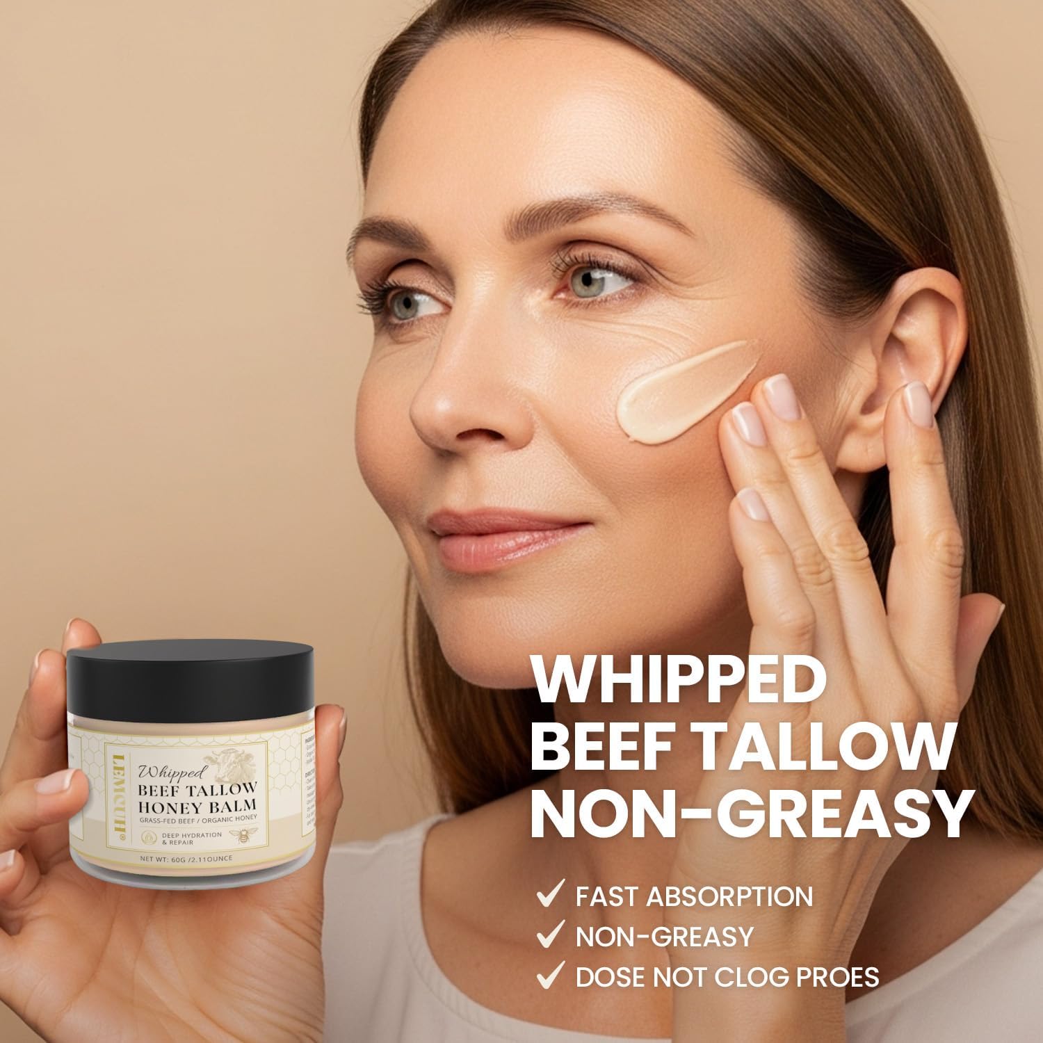 100% Grass Fed Whipped Beef Tallow Face Cream with Raw Honey, Jojoba Oil & Vitamin E - Moisturizer for Dry, Eczema & Sensitive Skin (120g)