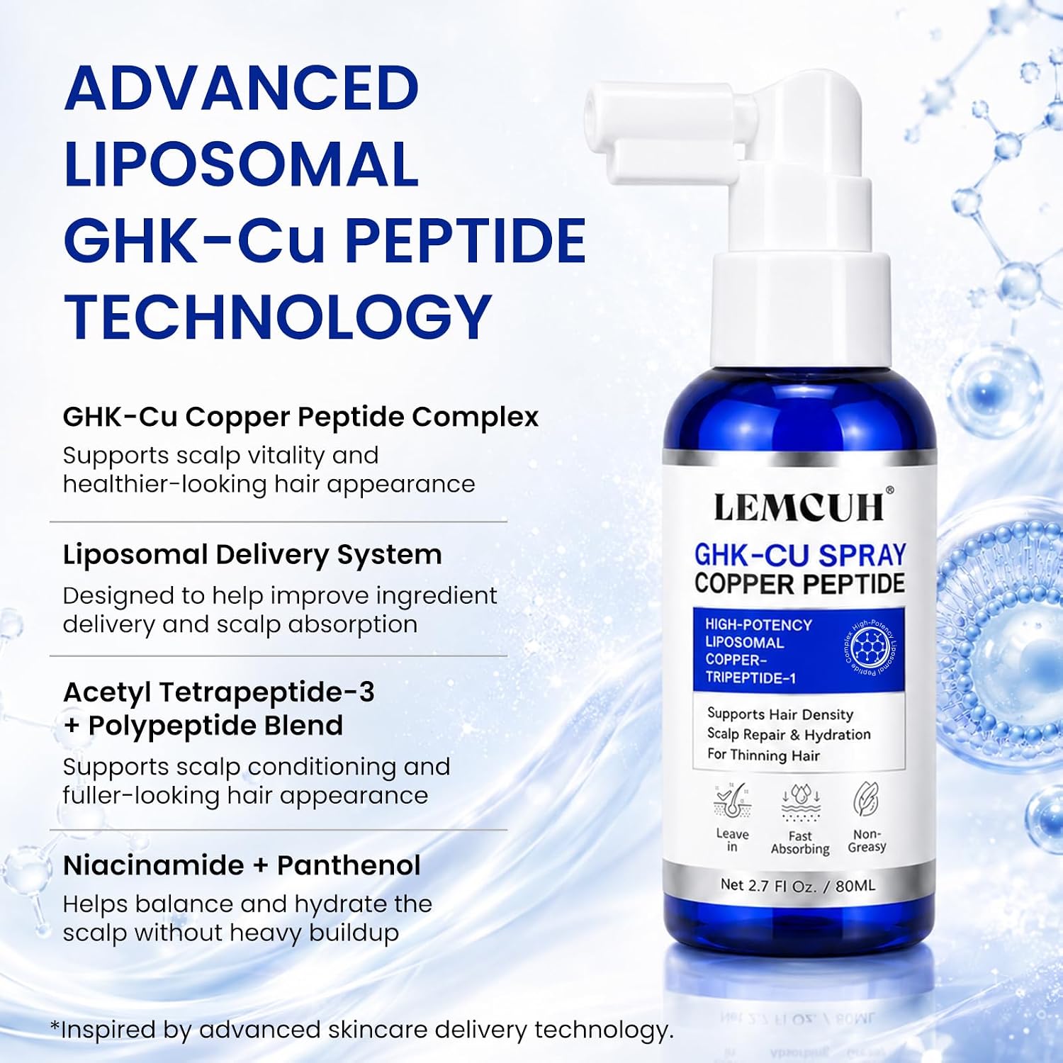 GHK-CU Peptide Hair Serum - Liposomal Copper Peptides for Hair Growth, Multi Peptide Serum for Thinning Hair, Non-Greasy Leave-In Scalp Spray Supports Fuller Hair & Scalp Barrier for Women Men 2 Pack