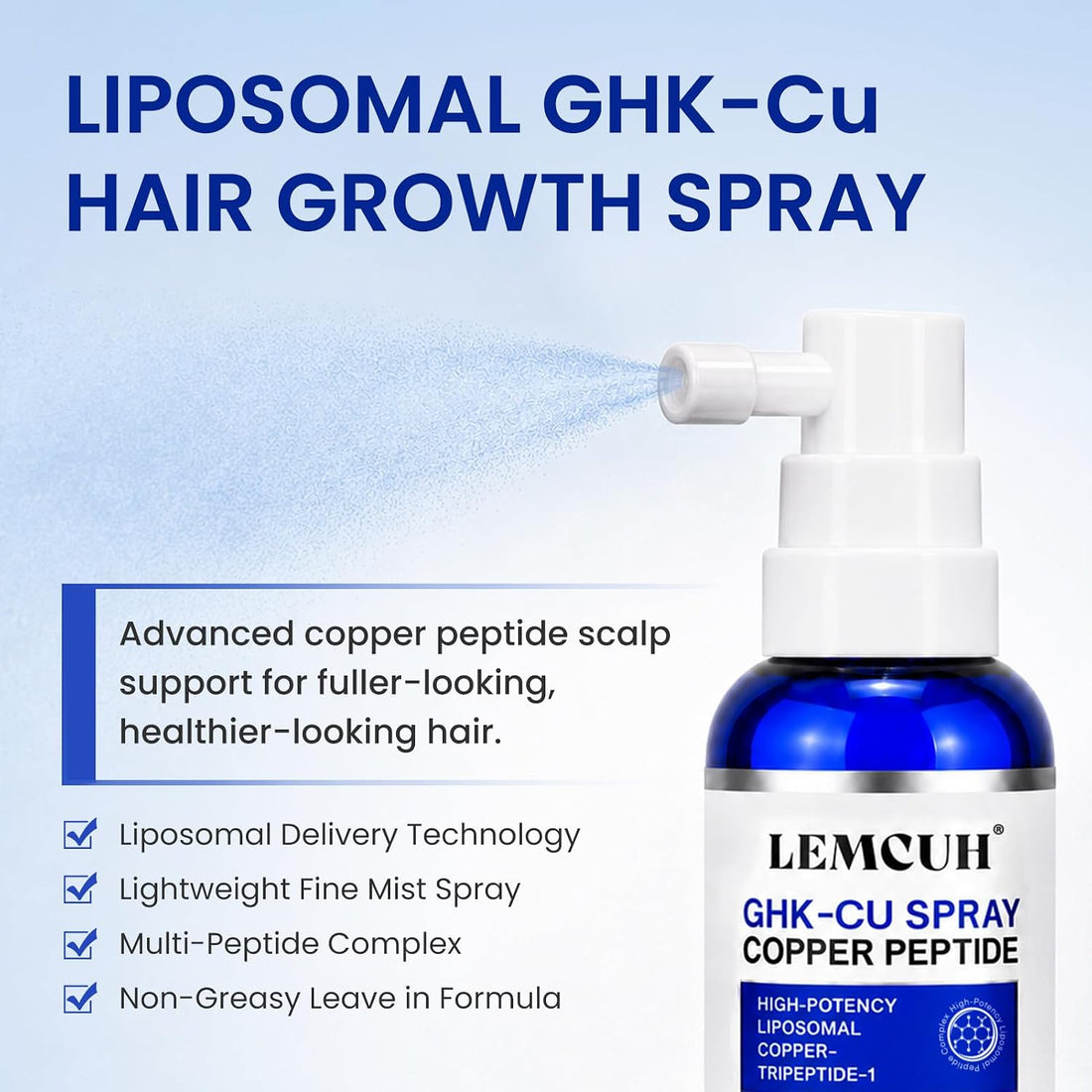 GHK-CU Peptide Hair Serum - Liposomal Copper Peptides for Hair Growth, Multi Peptide Serum for Thinning Hair, Non-Greasy Leave-In Scalp Spray Supports Fuller Hair & Scalp Barrier for Women & Men 80ml