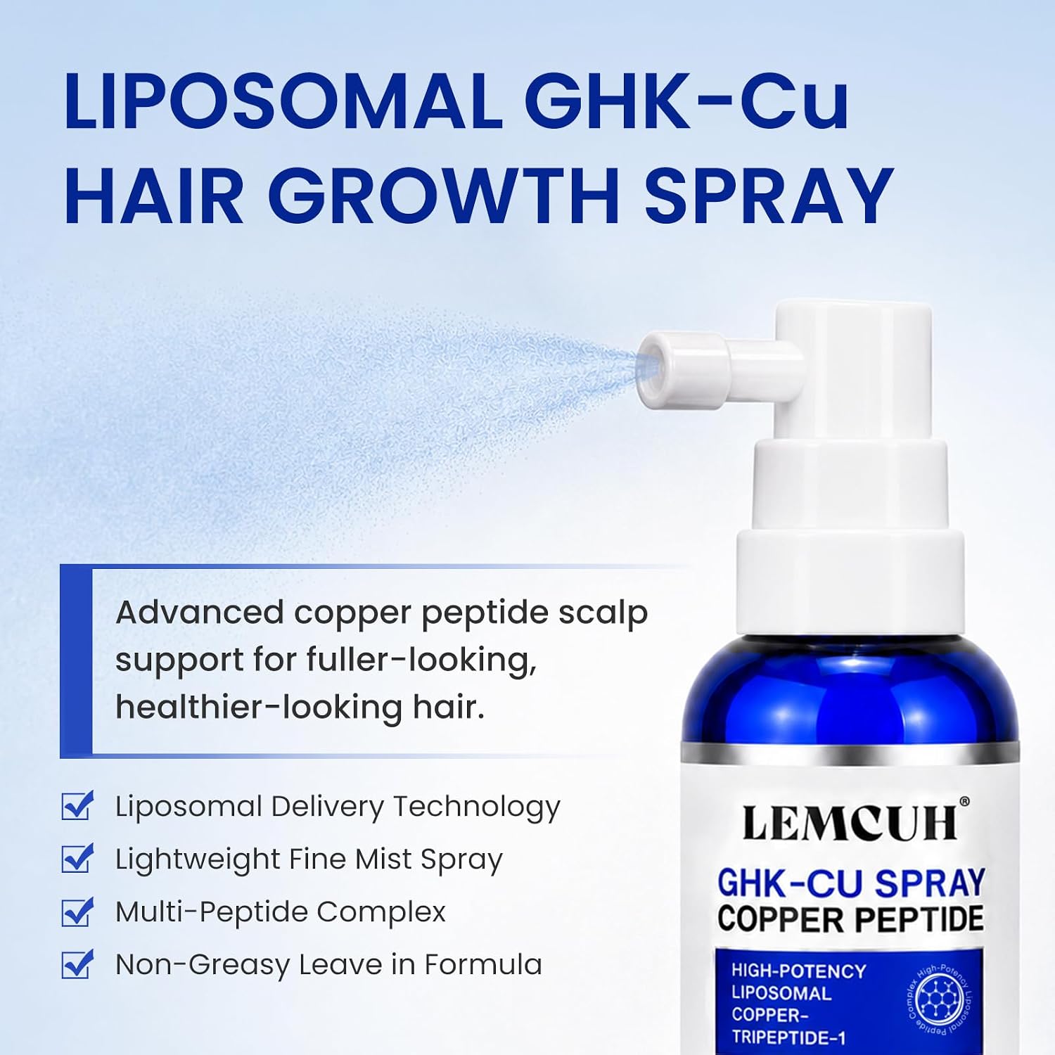 GHK-CU Peptide Hair Serum - Liposomal Copper Peptides for Hair Growth, Multi Peptide Serum for Thinning Hair, Non-Greasy Leave-In Scalp Spray Supports Fuller Hair & Scalp Barrier for Women Men 2 Pack