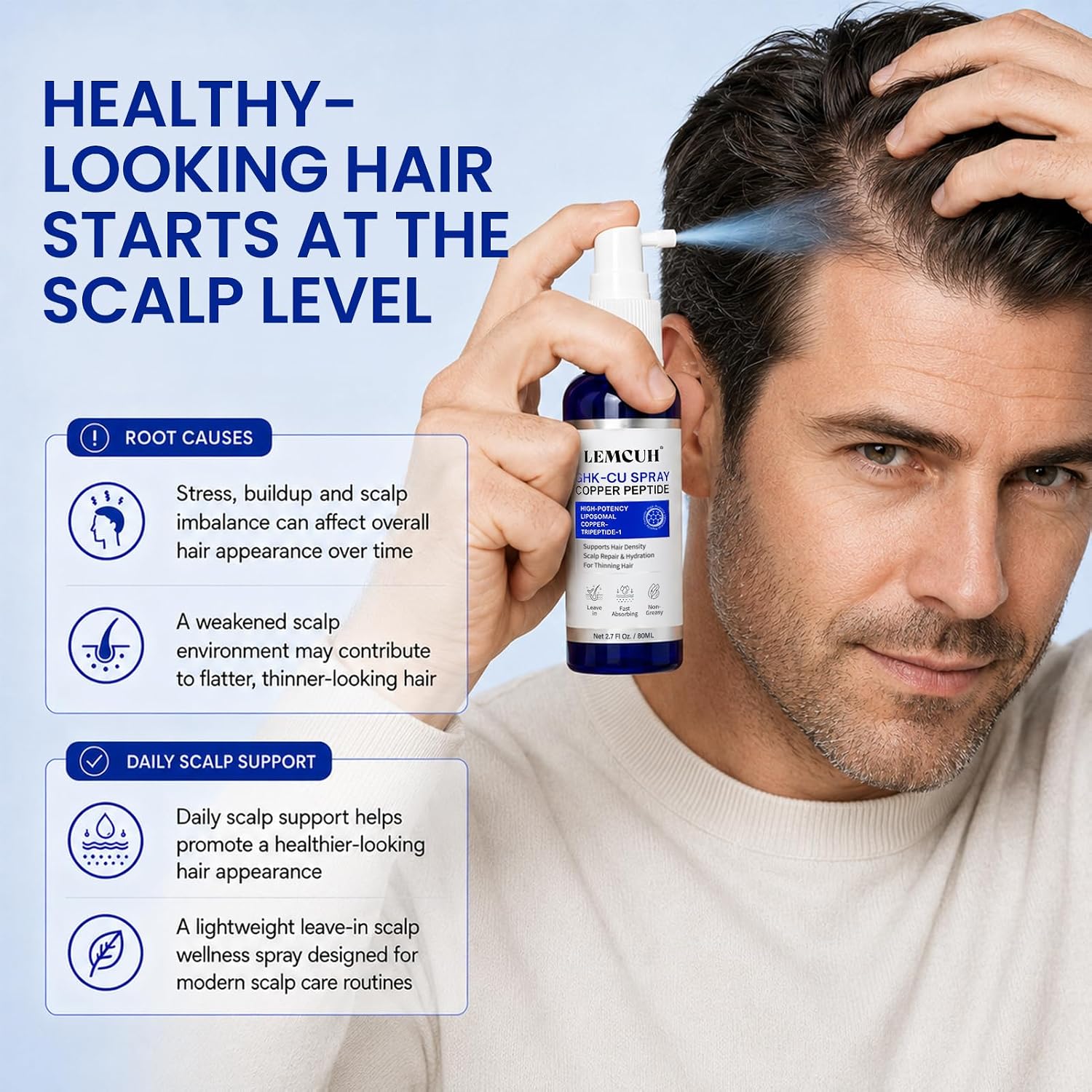 GHK-CU Peptide Hair Serum - Liposomal Copper Peptides for Hair Growth, Multi Peptide Serum for Thinning Hair, Non-Greasy Leave-In Scalp Spray Supports Fuller Hair & Scalp Barrier for Women & Men 80ml
