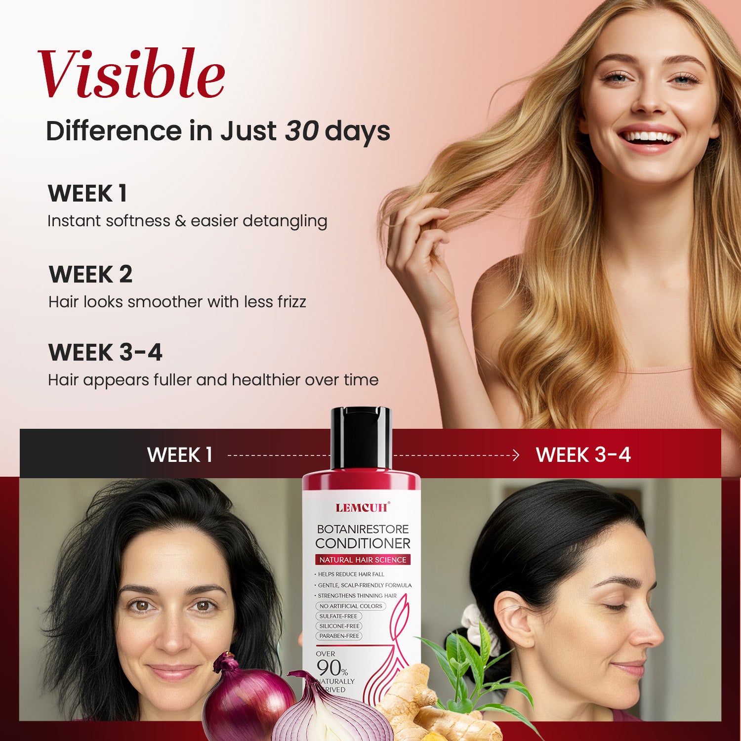Onion & Biotin Hair Conditioner for Thinning Hair & Scalp Care - Strengthening Formula with Caffeine, Ginger & Ginseng - Daily Use (12.5 oz)